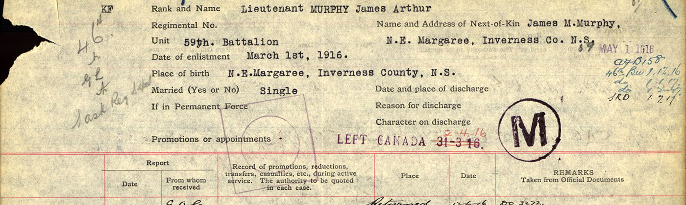 Page tirée du dossier de service de Tunneller J.R. McDougall du Corps expéditionnaire canadien, Première Guerre mondiale.