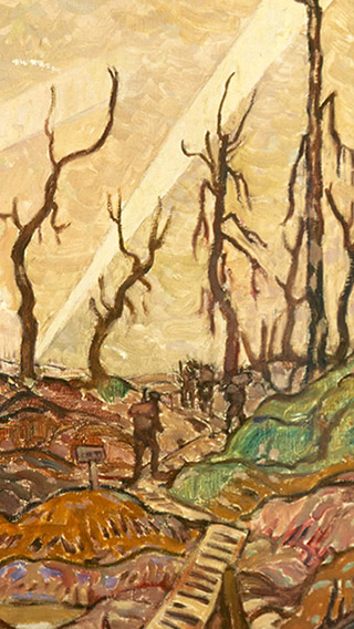 Oil painting by A.Y. Jackson that depicts a scene of war. There is a line of soldiers at right walking towards the horizon through a wartorn landscape. There are searchlights in the evening sky and distinctive barren tree trunks throughout the painting.