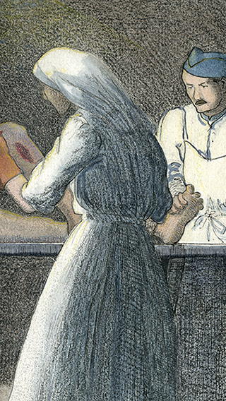 Image is a watercolour and pencil sketch showing a soldier suffering from gangrene; the nurse is opening the wounds to facilitate drainage. The sketch is by Katharine McLennan, created in 1917 at l’Hôpital d’Évacuation no. 18 in Vasseny, France where she served as a nurse's aide during the First World War.