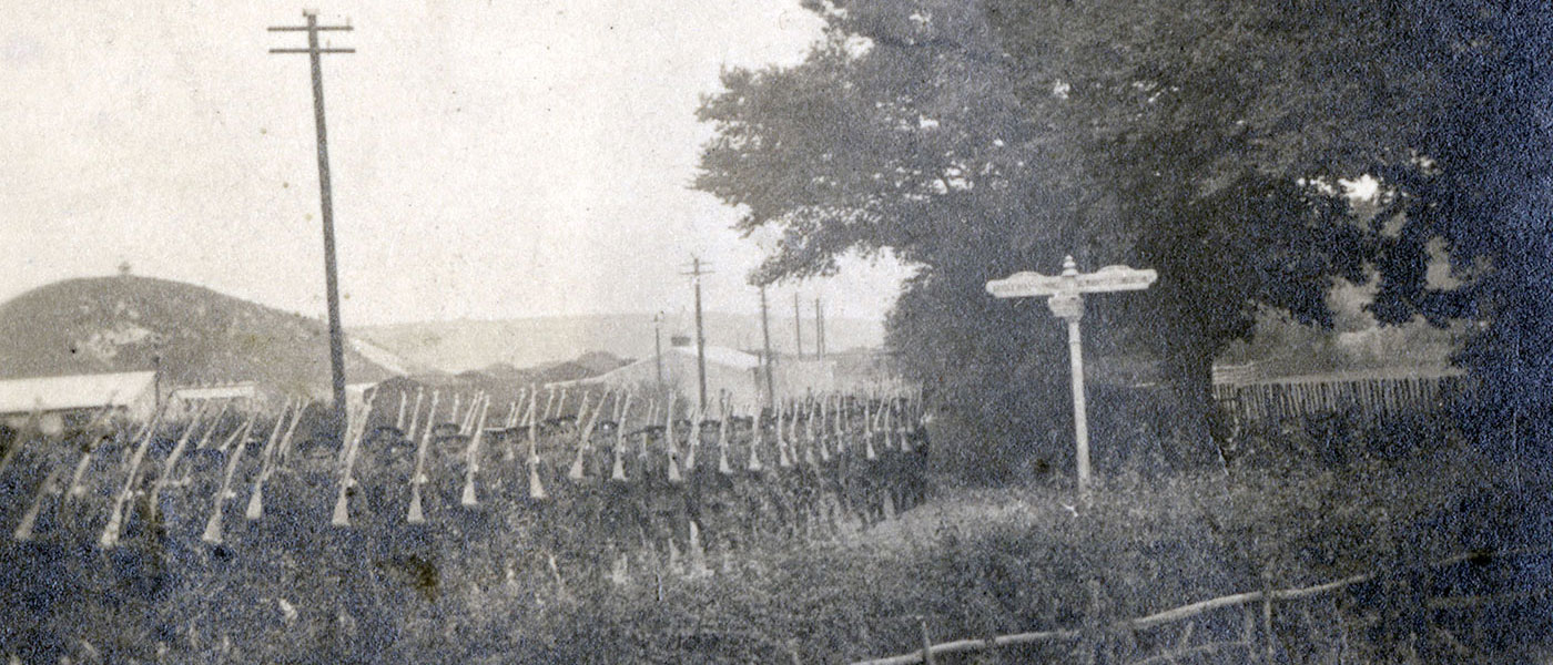 Photographie en noir et blanc d’une file de soldats en uniforme portant des carabines et marchant au pas le long d’une route de campagne.