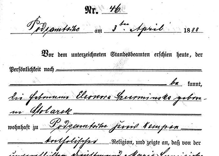 Document en noir et blanc où on voit des renseignements manuscrits au sujet de la naissance d’Anthony Sumiejski.