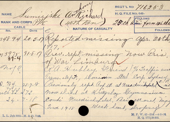 Page tirée du dossier de service d’Anthony Sumiejski du Corps expéditionnaire canadien, Première Guerre mondiale.