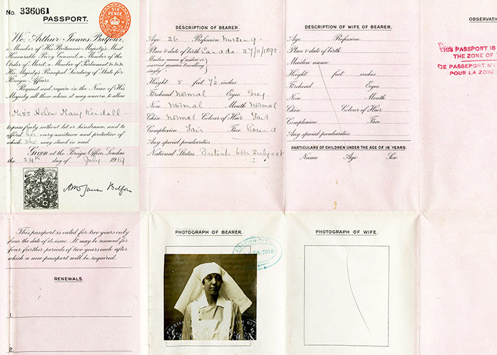 Colour pages from Helen Kendall's passport. There are stamp markings and handwritten text.