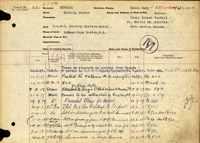 Page taken from the service file of Nursing Sister Helen Kendall of the Canadian Expeditionary Force, First World War. This document details her official record of service, including dates, locations, and specifics of postings.