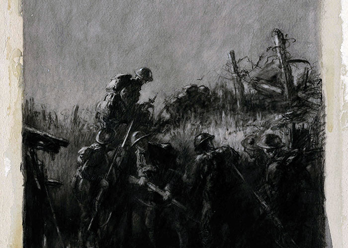 Charcoal sketch depicting men standing in a trench at war, with only a full moon to light their way.