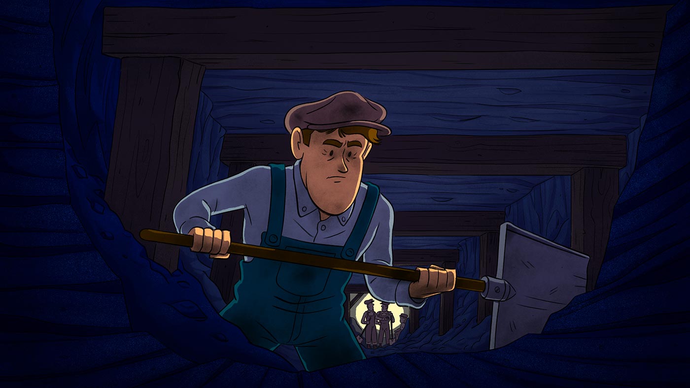 JR McDougall is pictured in the foreground holding a shovel while mining in a dark underground coal mine. Three coal miners are pictured working and talking to each other in the background. They are illuminated by a circle of light.