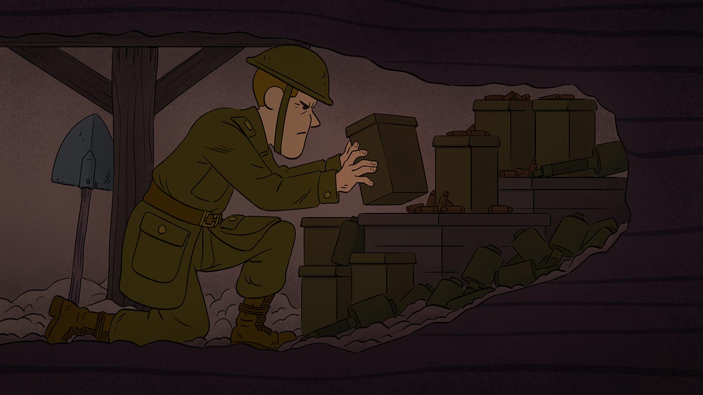 JR is pictured kneeling in a tunnel underground, planting explosives. His expression is focused and determined as he works.