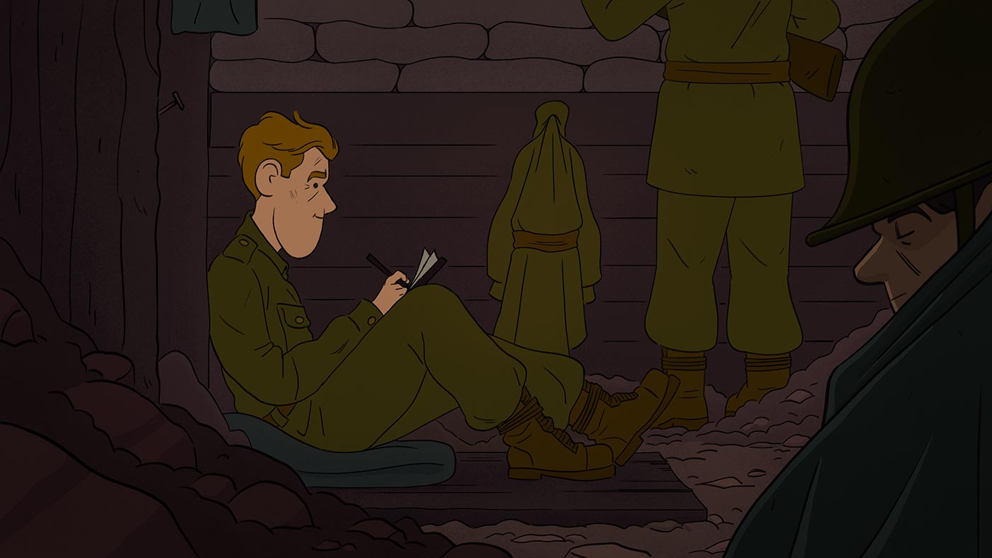 J.R. est assis dans un bunker souterrain en train d’écrire une lettre à envoyer chez lui. Il y a un soldat debout avec son fusil à l’arrière-plan, tandis qu’un autre soldat dort à l’avant-plan.
