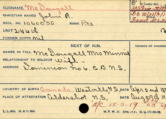 Page extraite du dossier de service du tunnelier J.R. McDougall du Corps expéditionnaire canadien, Première Guerre mondiale. 