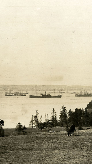 Sepia panoramic photograph of Sydney Harbour, with at least a half-dozen large convoy warships at anchor. In the foreground of the photograph, there is a small wharf on the left hand side, children playing at the water's edge, and a small dighy is tied to shore.