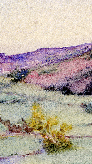 Il s’agit d’un paysage à l’aquarelle de la vallée de la Margaree entourée de montagnes.