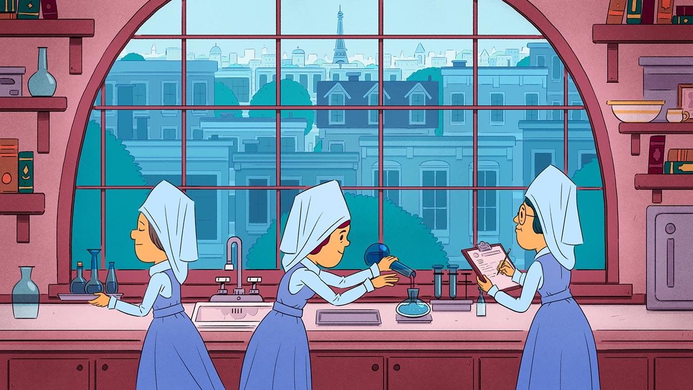 Trois infirmières en uniforme travaillent dans un laboratoire. Helen est au centre en train de remplir un flacon pendant qu’une autre infirmière prend des notes. La troisième infirmière s’éloigne en emportant un bac de flacons. On voit par de grandes fenêtres un paysage urbain avec la tour Eiffel au loin.