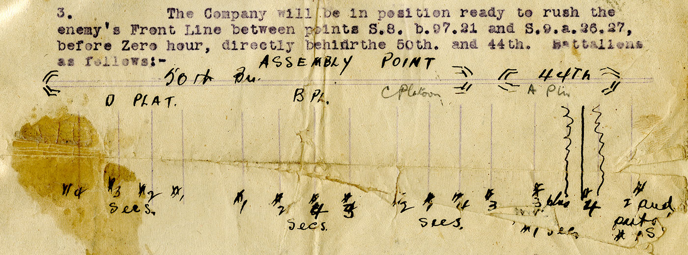 Des ordres militaires dactylographiés sépia avec notes à l’encre noire.