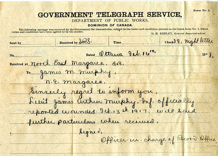 Télégramme sépia à entête officielle du Service télégraphique du Gouvernement fédéral. Il s’agit d’un message manuscrit.