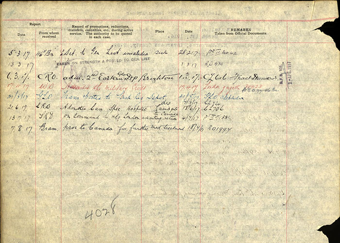 Page tirée du dossier de service du lieutenant James Murphy du Corps expéditionnaire canadien, Première Guerre mondiale.